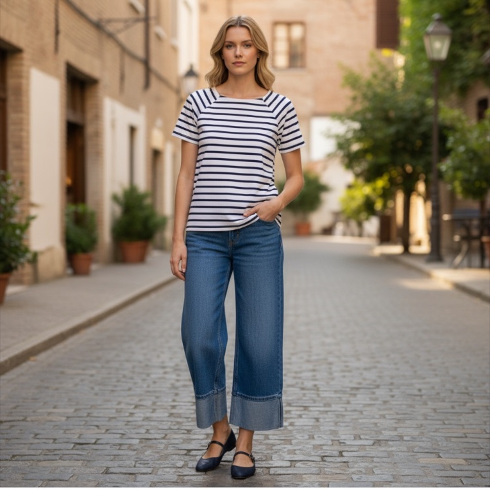 NWT Talbots Navy Blue and White Jersey Stripes Bateau Neck Tee Size LP